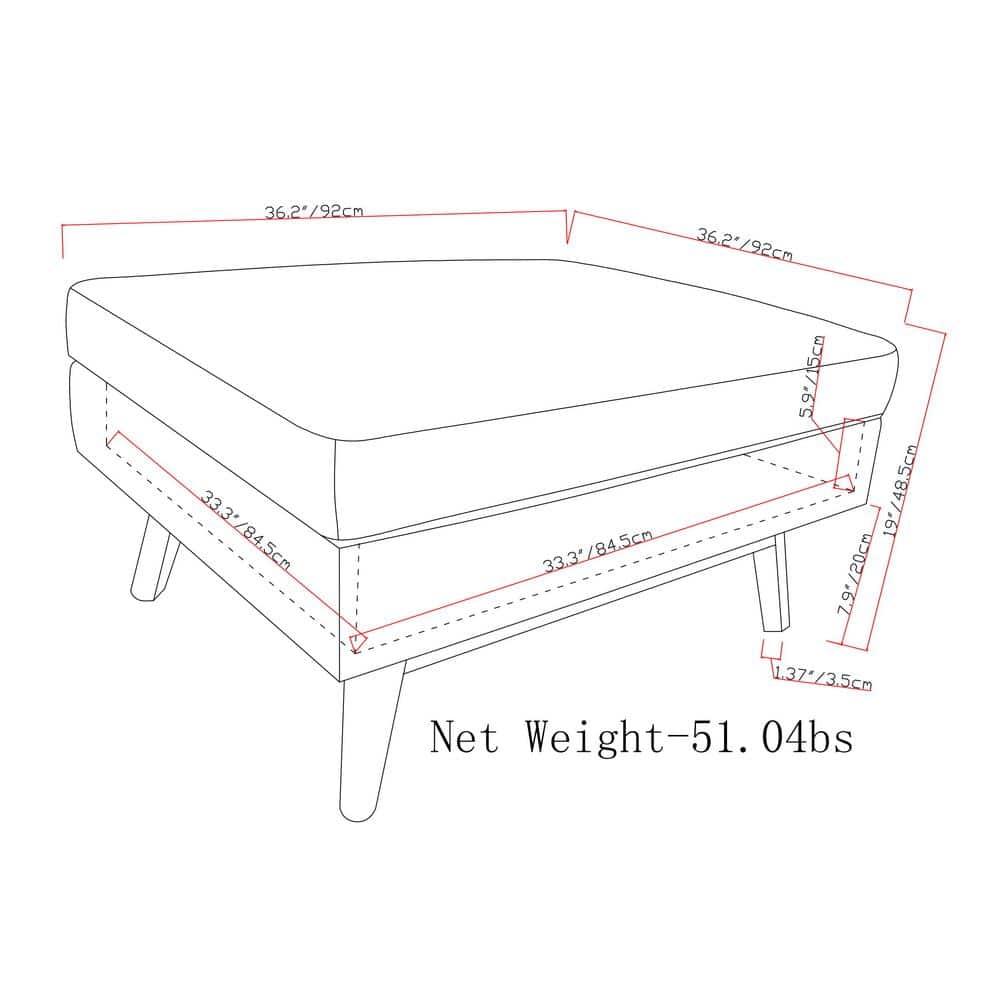 Simpli Home Owen 36"W Upholstered Square Coffee Table Storage Ottoman with Lift Top and Solid Wood Legs