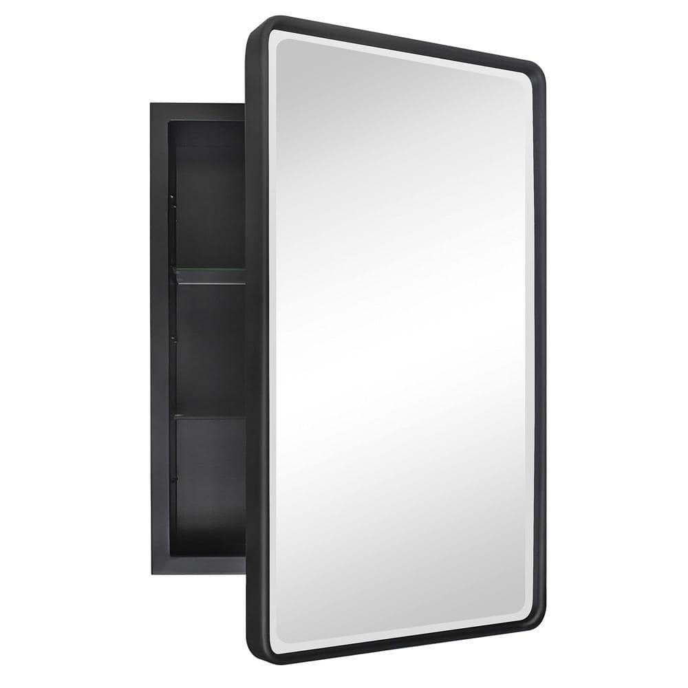 TEHOME Farmhouse 16 in. W x 24 in. H Small Recessed Metal Rectangular Bathroom Medicine Cabinets with Mirror in Matt Black