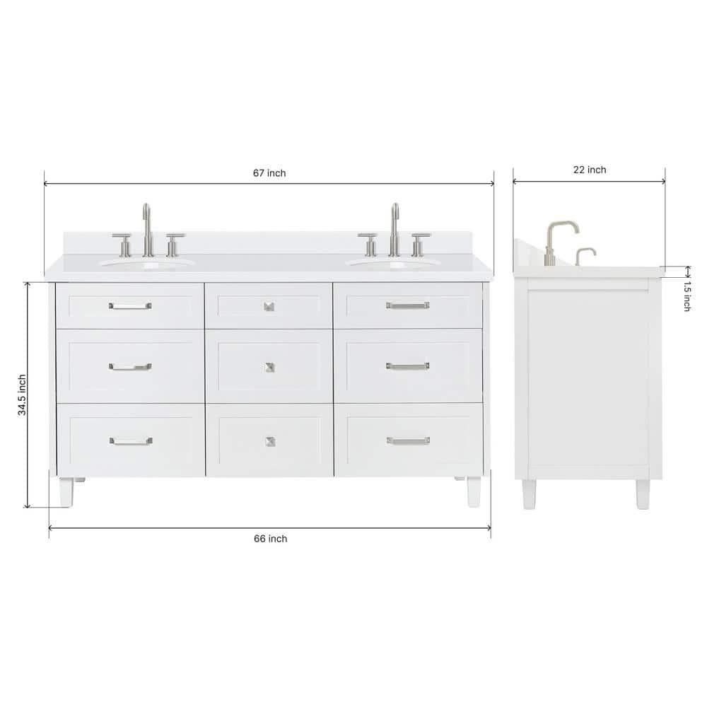Ariel Monrow 67 Inch Double Oval Sink Bathroom Vanity With Pure White Quartz Countertop