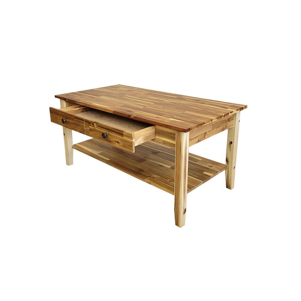 Solid Acacia Coffee Table with Drawer & Bottom Shelf Natural