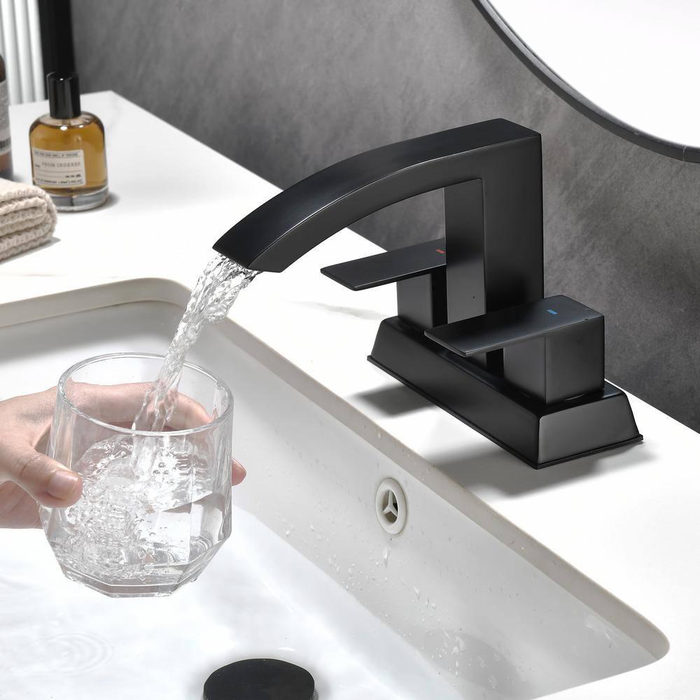 Matt Black Bathroom Sink Faucet 4 inch Bathroom Faucets for Sink 2-Handle Faucet with Pop-up Drain Vanity Faucet Modern