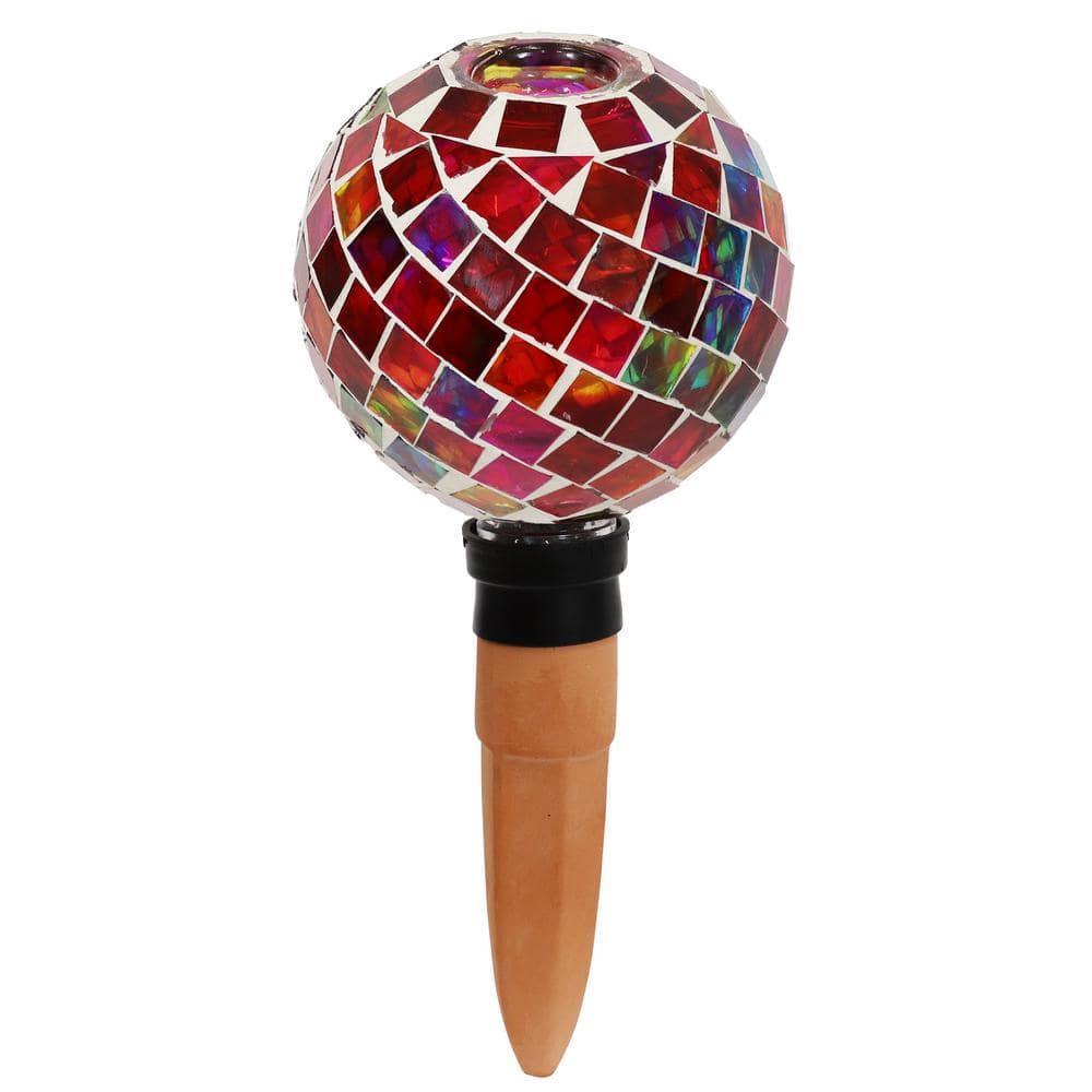 Sunnydaze Outdoor Mosaic Glass Watering Globe with Clay Spike for Planters - 9.5" - Magenta Medley