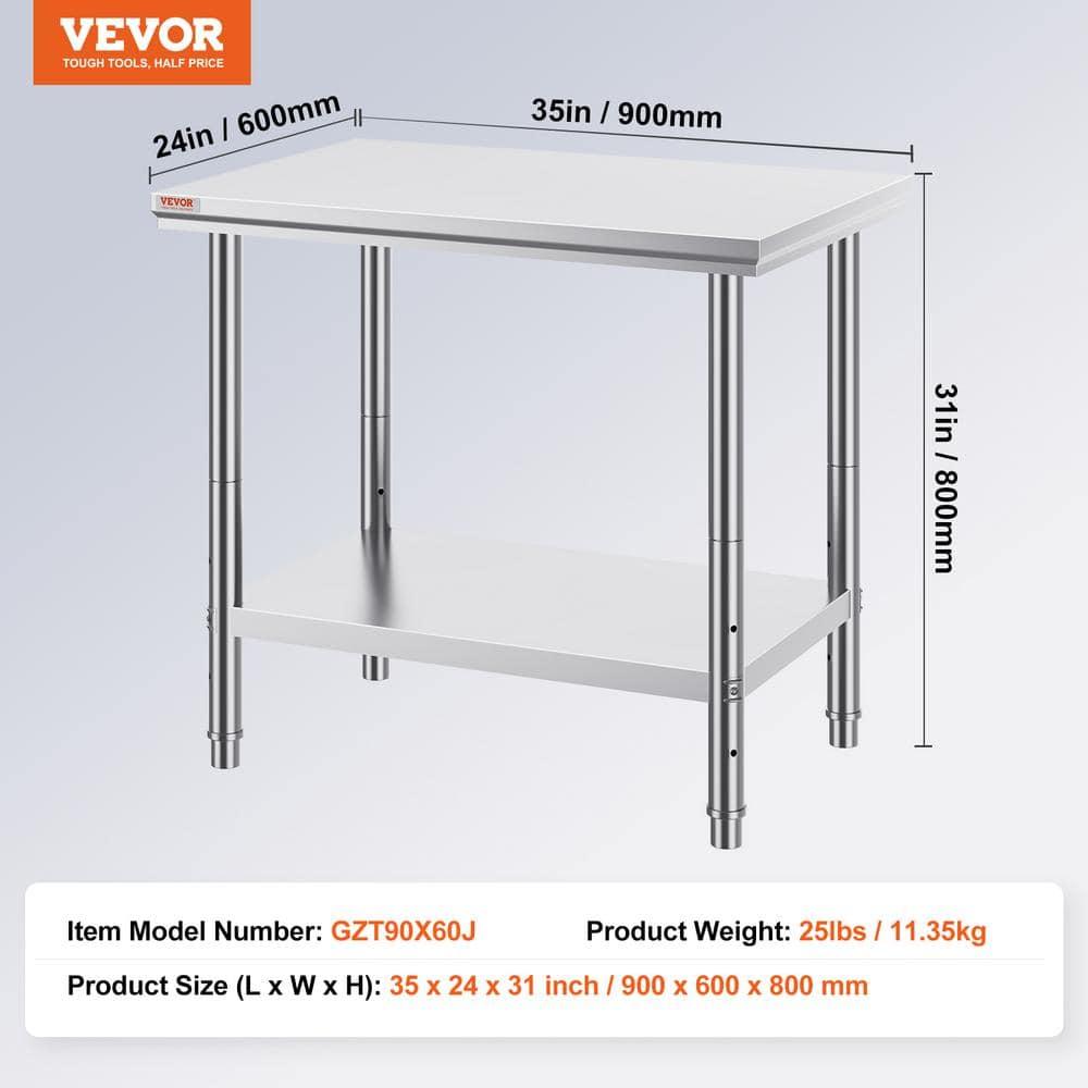 Stainless Steel Prep Table 35 x 24 x 31 in. 700 lbs. Silver Heavy Duty Metal Worktable with 3 Adjustable Height Levels