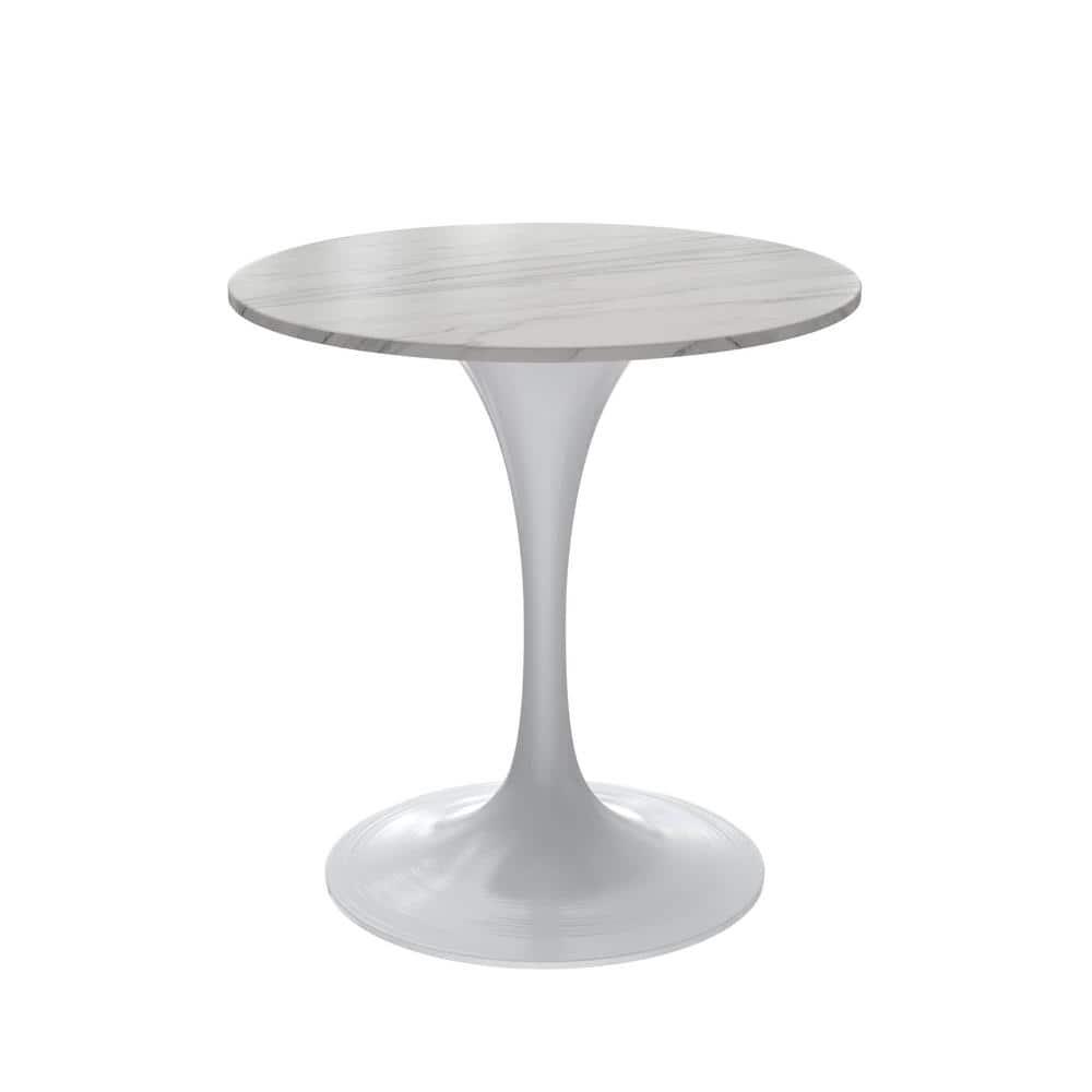 LeisureMod Verve 27" Round Dining Table - Sintered Stone Top with Modern White Pedestal Base Accent Side Table for for Kitchen and Home