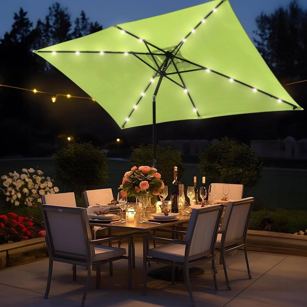 10x6.5 ft Outdoor Rectangle Solar Powered LED Patio Umbrella with Crank Tilt for Garden Backyard Table Market Pool, Lime