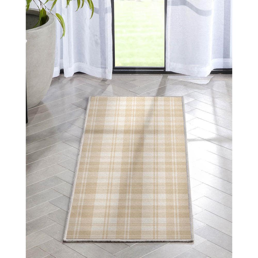 Kehr Plaid Farmhouse Geometric Beige Brown Grey Flat-Weave Area Rug