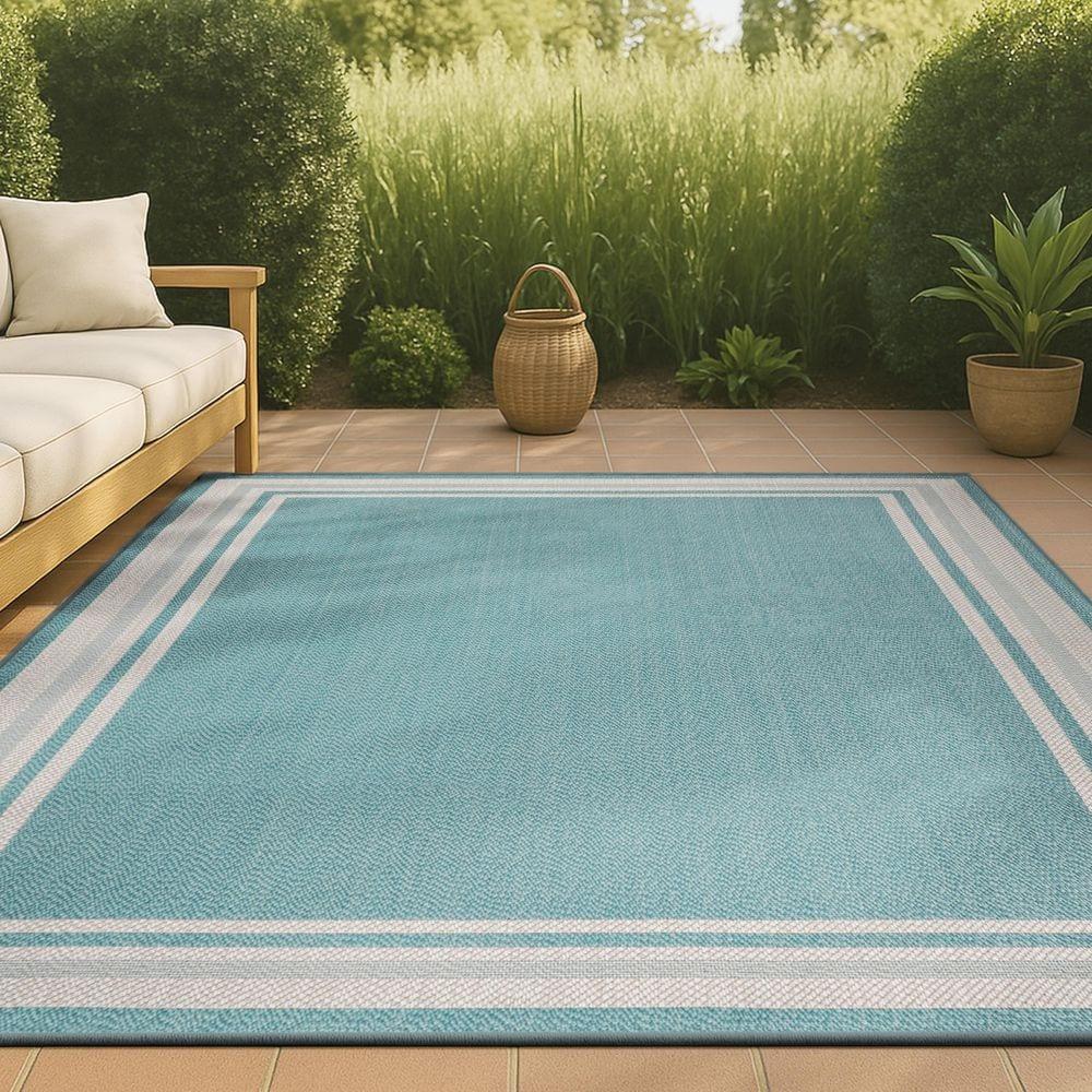 3' x 5' James Modern Border Stripe Indoor/Outdoor Area Rug, Aqua/Beige - JONATHAN Y