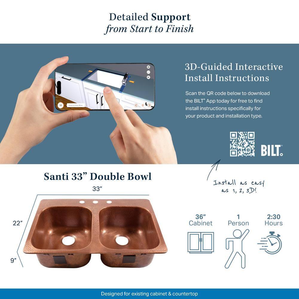 Santi Copper 33" Double Bowl Drop-In Kitchen Sink