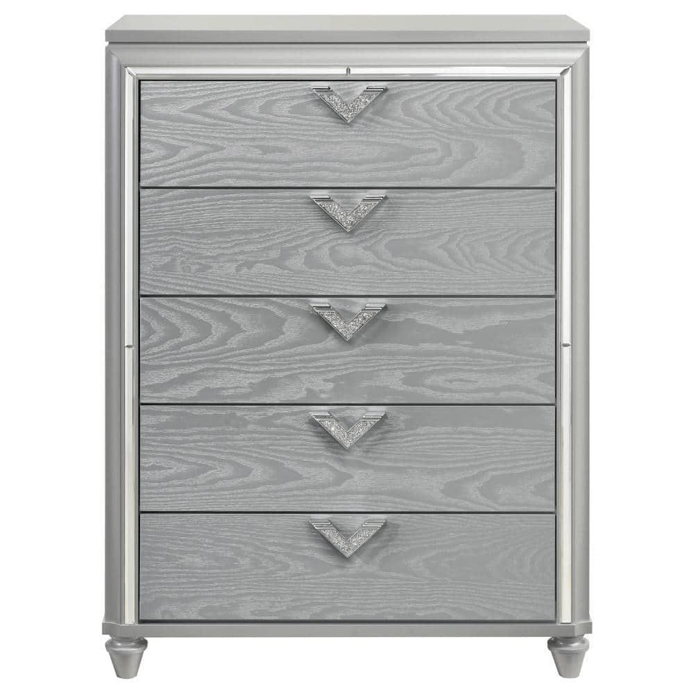 Benjara Haley Tall Dresser Chest, V Shaped Glittering Metal Handles, Light Silver