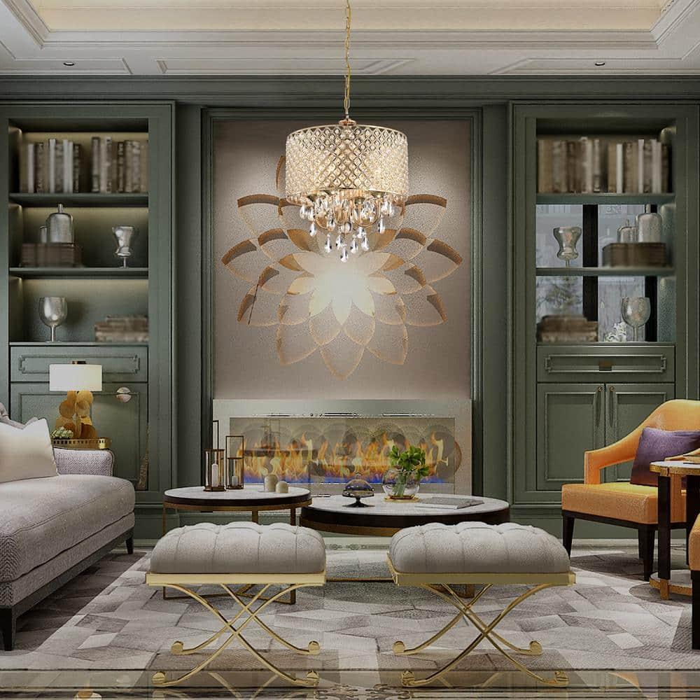 EDVIVI LIGHTING Round Beaded Drum Chandelier with Hanging Crystals Gold 4 17" Gold