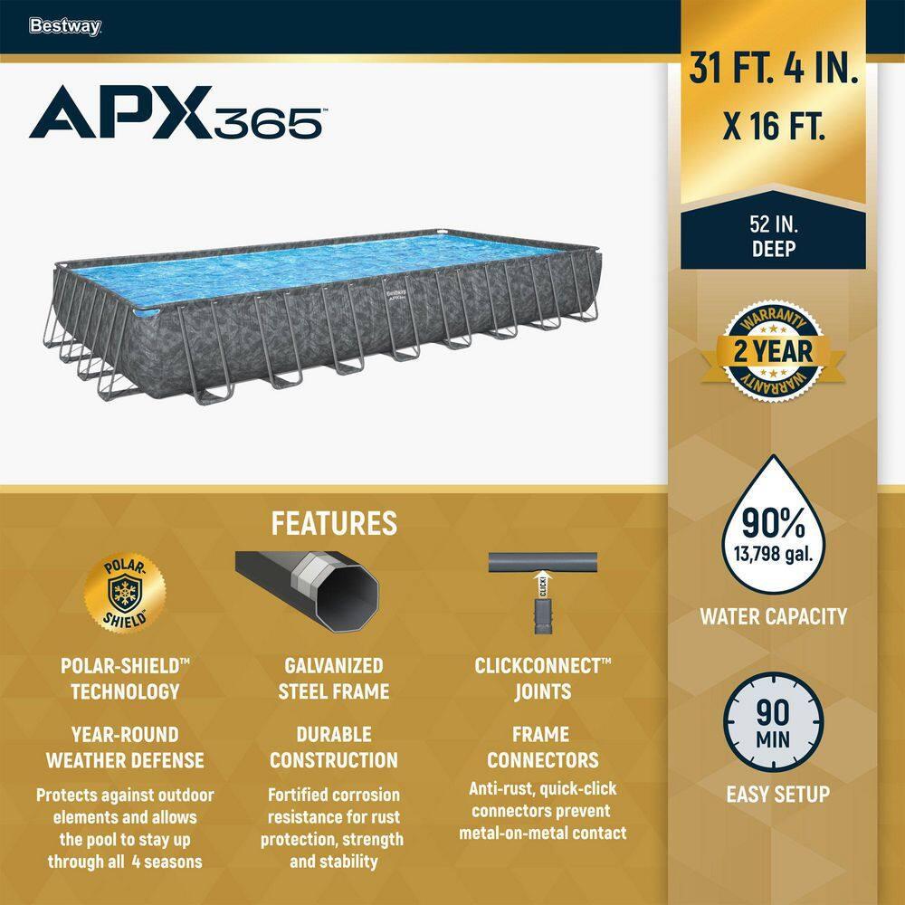 Bestway APX 365 Rectangular Above Ground Pool Set, 31'4" x 16' x 52"
