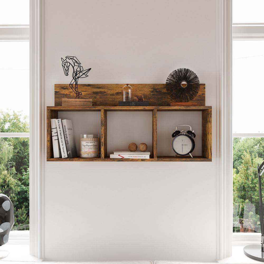 Danya B. 31.5" x 15.7" Rustic Floating Triple Cubby Shelf Aged Wood - Wall Mount, Display Ledge, MDF