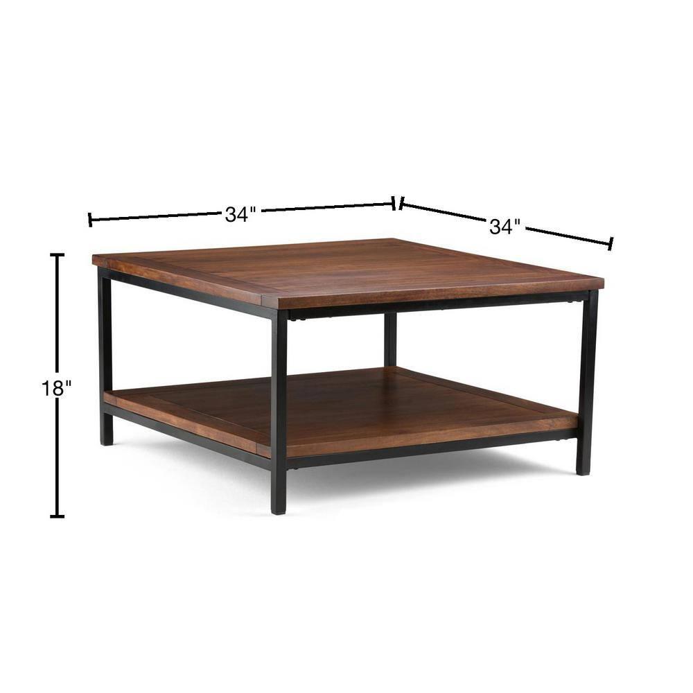 Simpli Home Skyler 34"W Solid Mango Wood Industrial Square Coffee Table with Open Shelf and Metal Frame