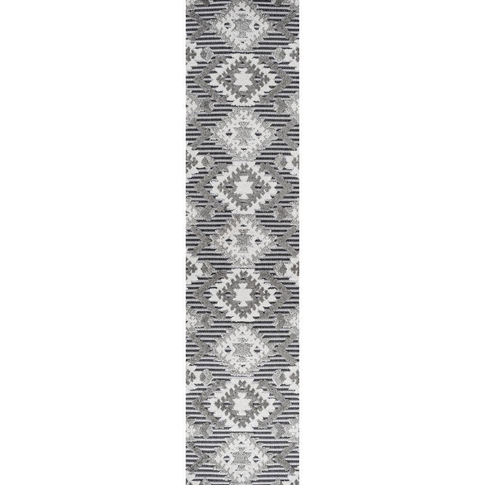 2'x10' Sumak High-Low Pile Neutral Diamond Kilim Indoor/Outdoor Runner Rug, Gray/White/Black - JONATHAN Y