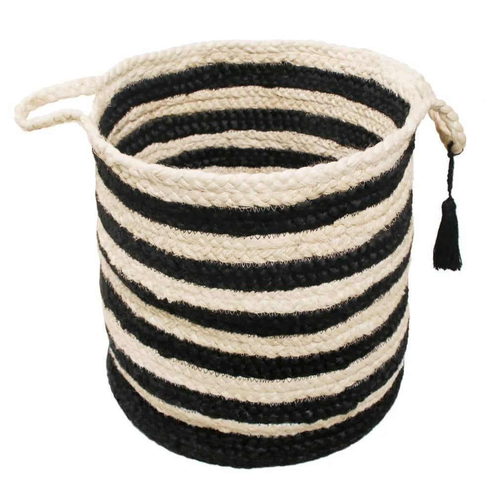 LR Home Woven Round Jute 17" Storage Basket with Handles, Black/White Multi Stripe