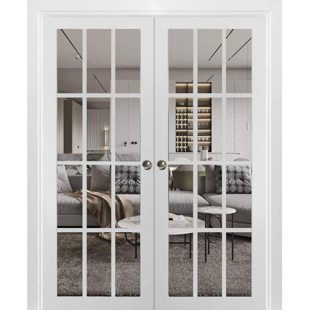 SARTODOORS Sliding French Double Pocket Doors 12 Lites | Felicia 3355 With Clear Glass | Kit Trims Rail Hardware | Solid Wood Interior Bedroom Sturdy Doors