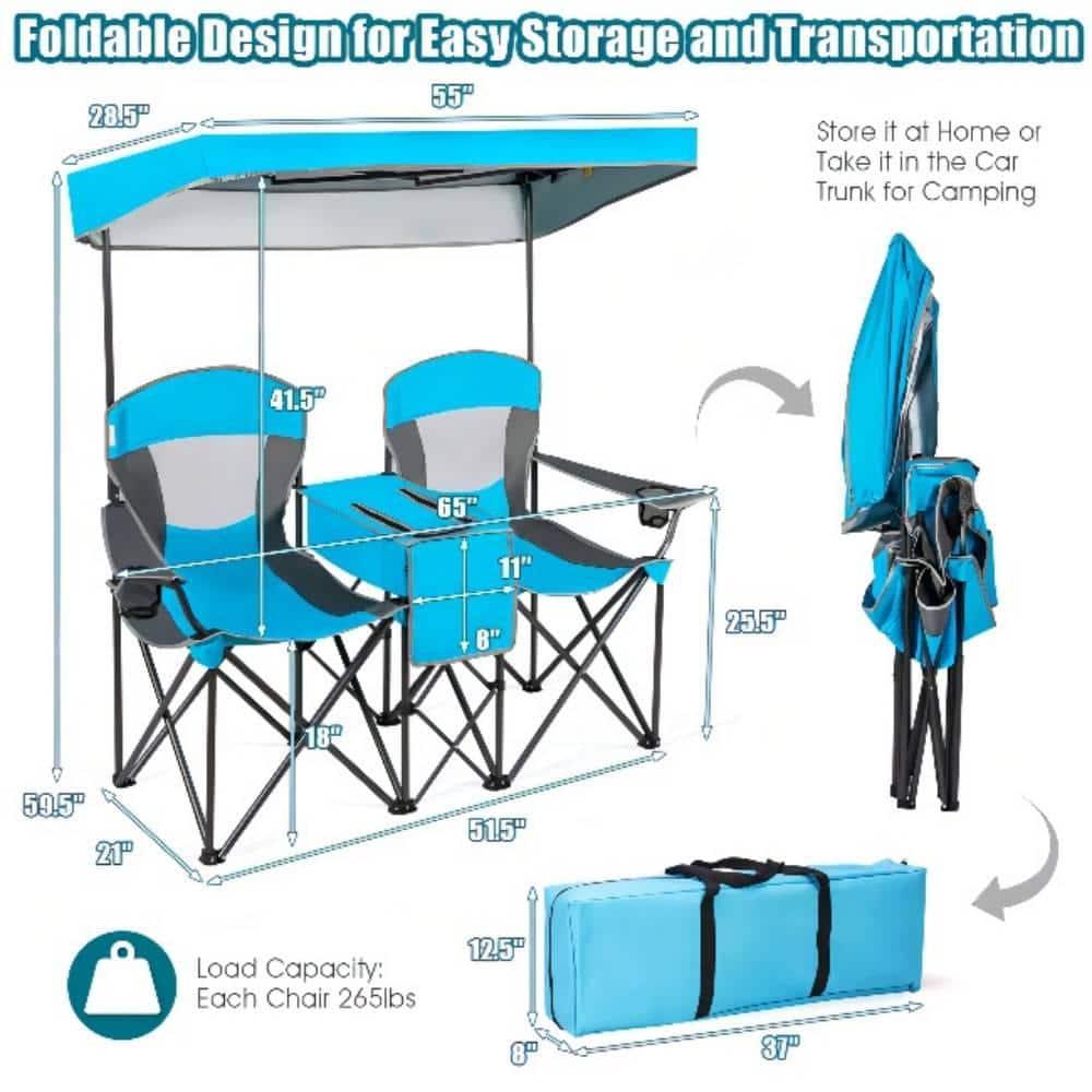 Spaco Portable Camping Chair with Umbrella and Back, Outdoor Folding Beach Canopy Chair with Cup Holder, Blue