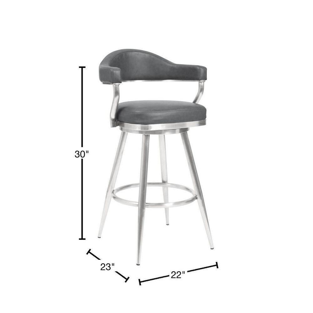 Homestock Baroque Bonanza 30" Bar Height Barstool in Brushed Stainless Steel and Gray Faux Leather