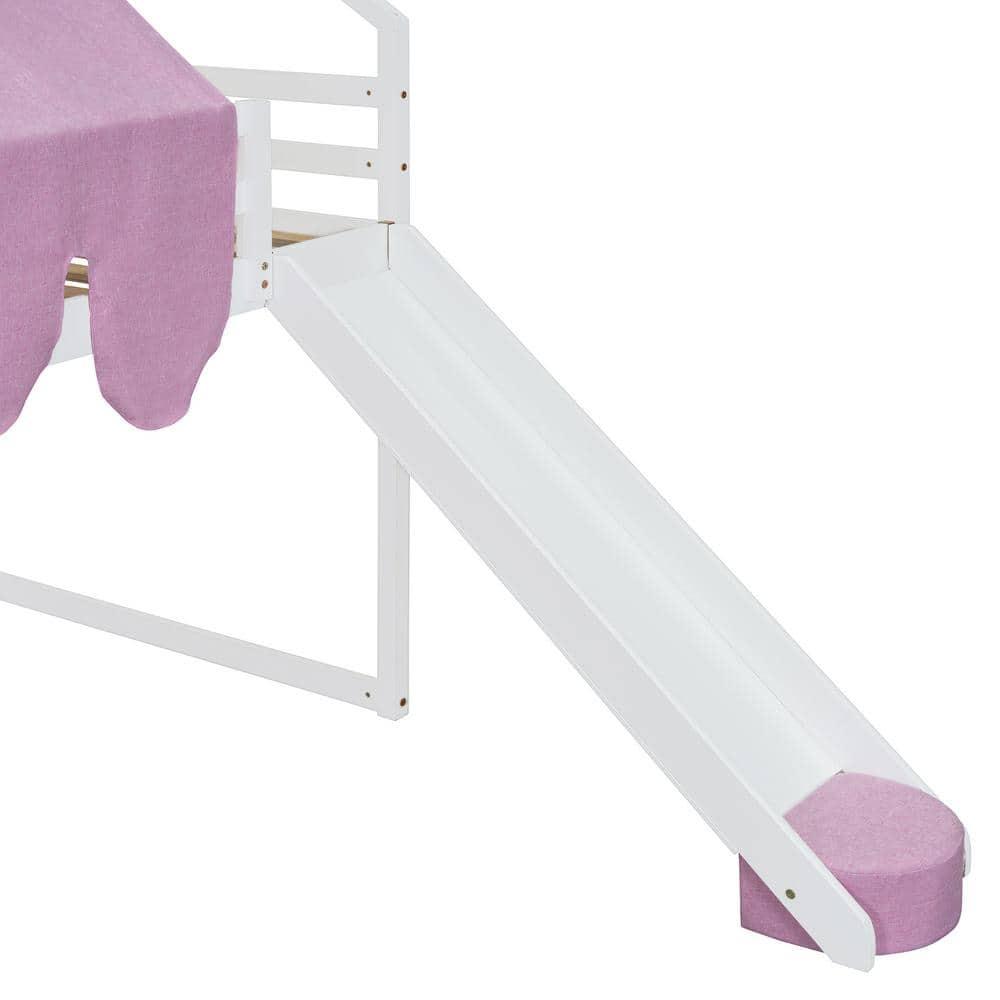 Kumix Full Size Loft Bed with Slide and Tent, House Loft Bed with Car-Shaped Storage and 2 Tier Shelves, Wood Loft Bed with Safety Guardrail & Ladder for Kids Teens Boys Girls, Noise-Free, Pink