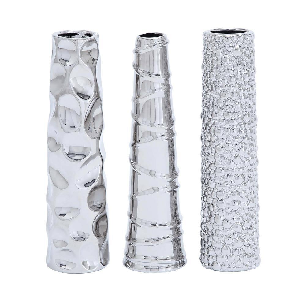 DecMode 12"H, 3"W Silver Ceramic Vase with Varying Patterns, Set of 3
