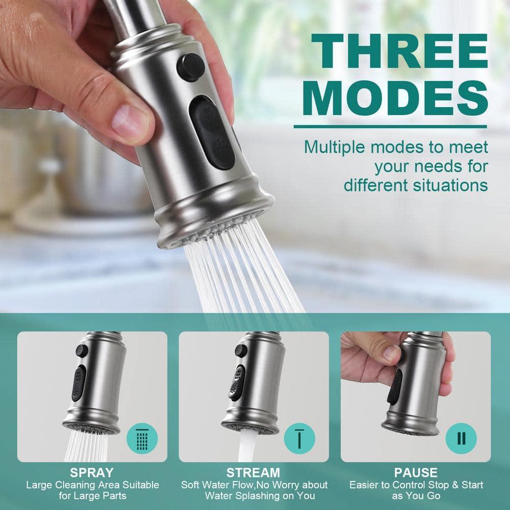 Brushed Nickel Bridge Kitchen Faucet: 3 Holes Kitchen Faucet with Pull Down Sprayer - Two Handles 8 Inch Centerset Kitchen Sink Faucet, 360° Swivel Spout