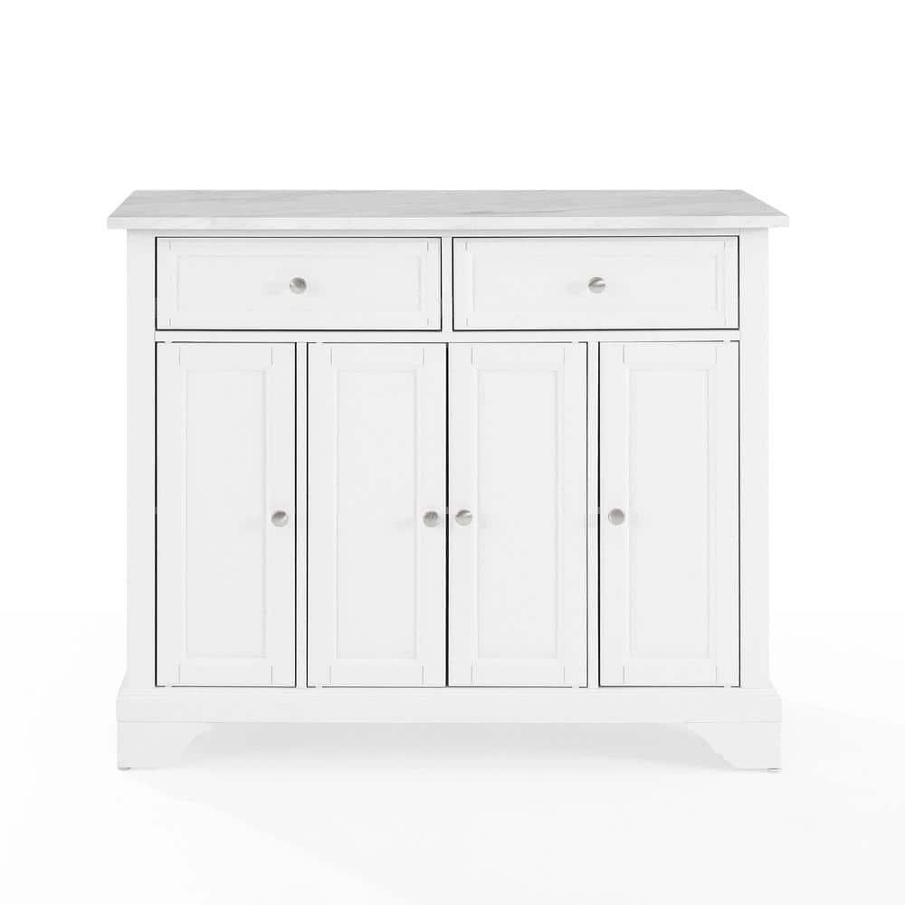 Avery Kitchen Island/Cart Distressed White/White Marble - Crosley: Adjustable Shelves, Particle Board Frame, 6 Shelves, 2 Drawers