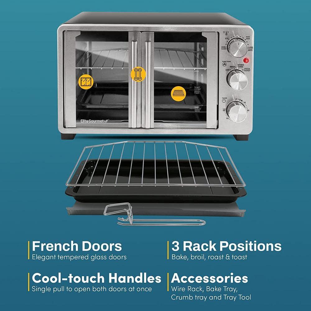Elite Gourmet ETO2530M New Double French Door Toaster Oven fits 12" Pizza, Stainless Steel