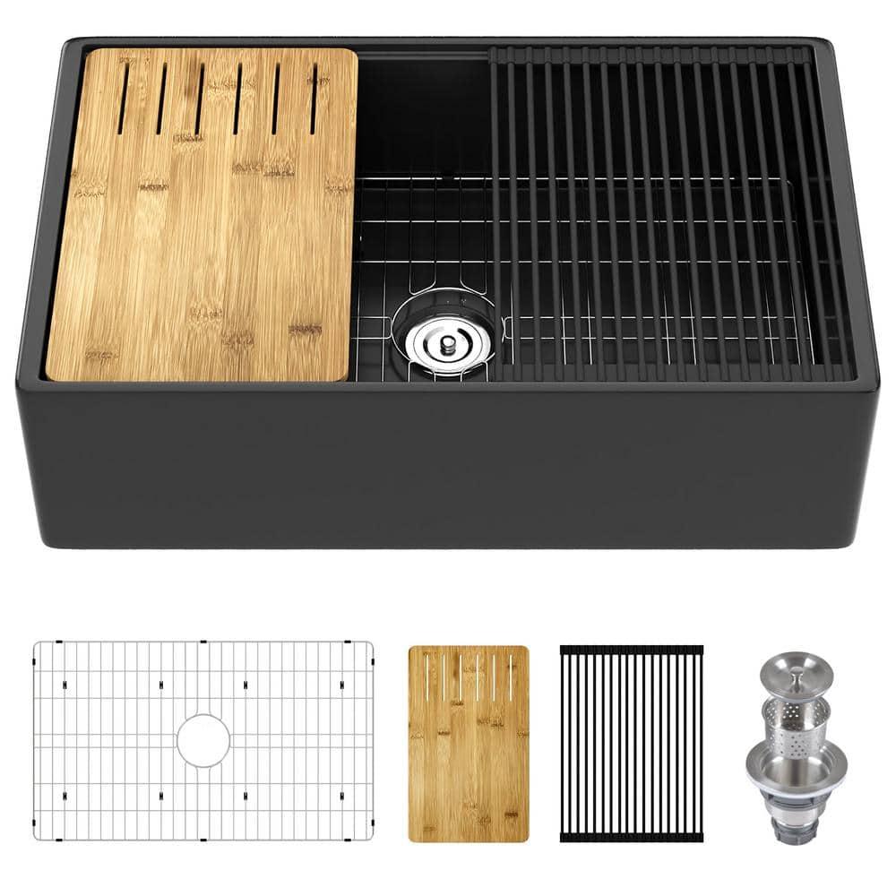 33"L x 20"W Farmhouse Kitchen Sink Deep Single Bowl Fireclay Workstation Sink with Cutting Board and Dish Drying Rack