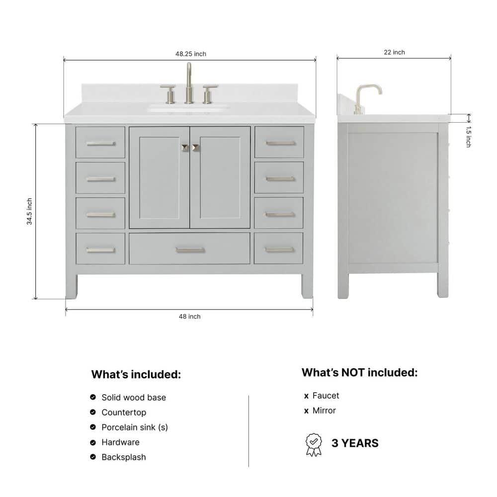 ARIEL 48" Grey Bathroom Vanity Base Cabinet, Single Sink Configuration, 2 Soft Closing Doors, 9 Full Extension Dovetail Drawers, Brushed Nickel