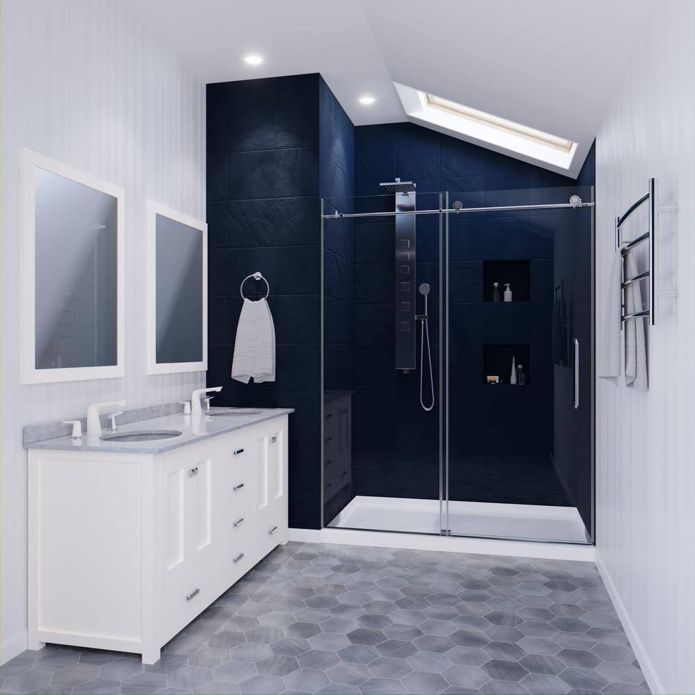 Leon 56"-60" W x 76" H Single Sliding Frameless Shower Door with Tsunami Guard