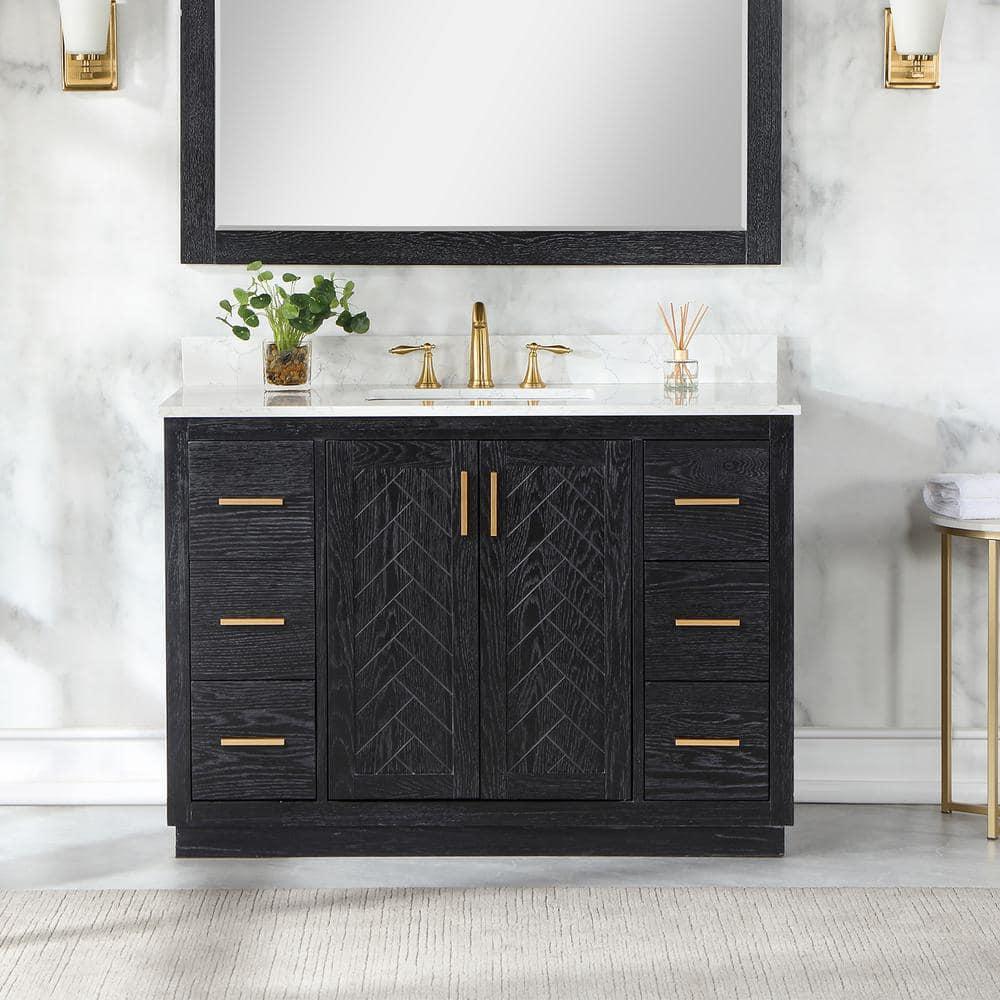 Gazsi 48" Single Bathroom Vanity Set in Black Oak with Grain White Composite Stone Countertop without Mirror