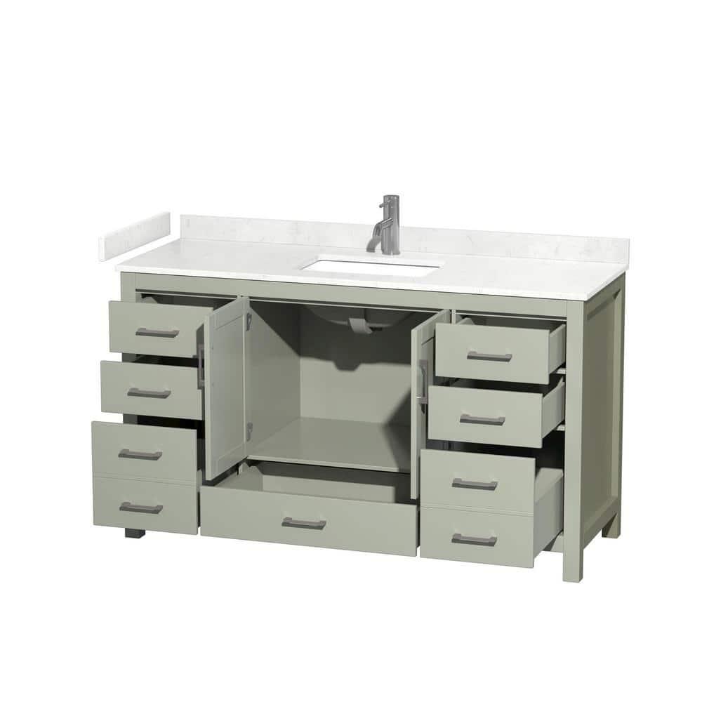 60 in. Sheffield Single Bathroom Vanity with Carrara Cultured Marble Countertop, Undermount Square Sink & Brushed Nickel Trim - Light Green