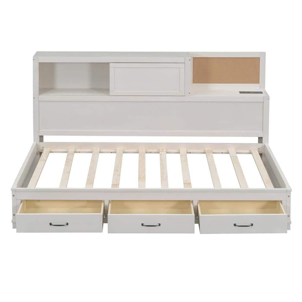 Giantex Twin Daybed with 3 Storage Drawers, Wood Day Bed with Storage Shelves, Cork Board & Sliding Door, Daybed Frame for Kids Adults Guests, No Box Spring Needed, Daybed with Storage, White