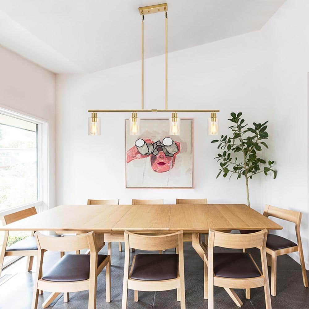 Modern Gold Kitchen Island Chandelier 4-Light Brushed Brass Farmhouse Pendant Light Industrial Kitchen Island Lighting Fixture with Glass Shades Hanging Lamp for Dining Living Room