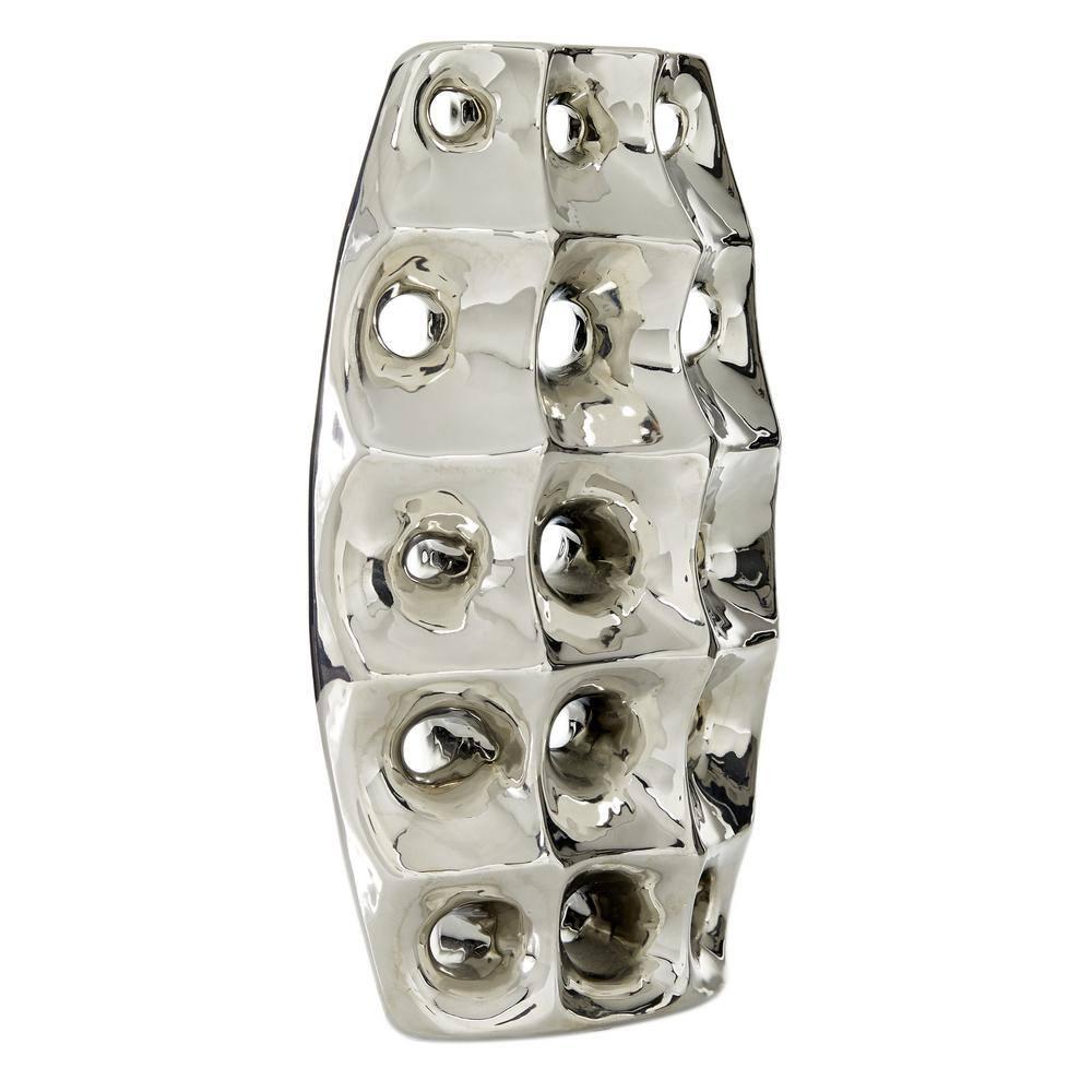 DecMode 14" Silver Ceramic Vase with Cut Out Designs