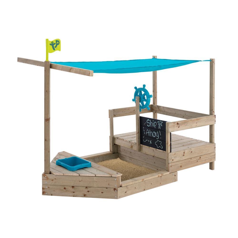 TP Ahoy Wooden Sandbox Pirate Ship Play Boat with Canopy – Kids Outdoor Sand & Water Toy with Captain’s Wheel, Blackboard, Splash Bowl & Storage | FSC Certified | Compact & Space-Saving Design