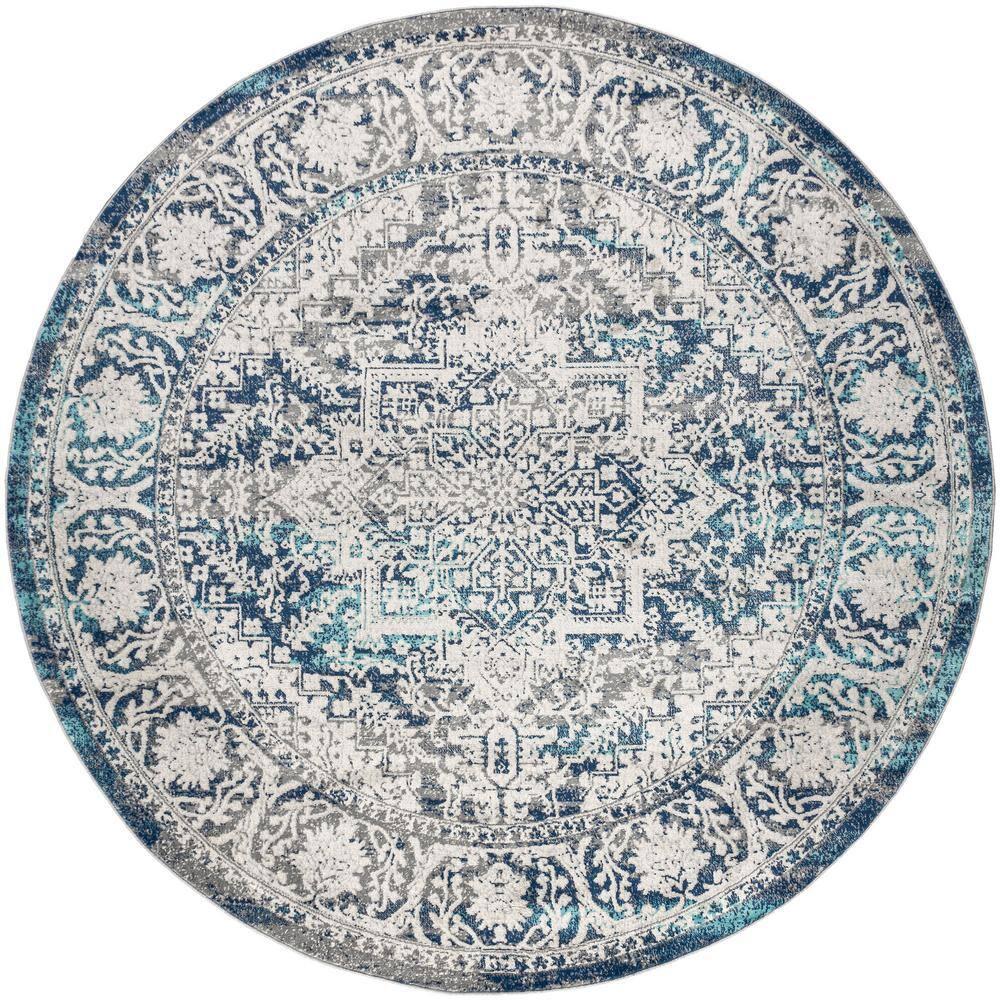 6' round Modern Vintage Medallion Area Rug, Navy /Light Grey - JONATHAN Y