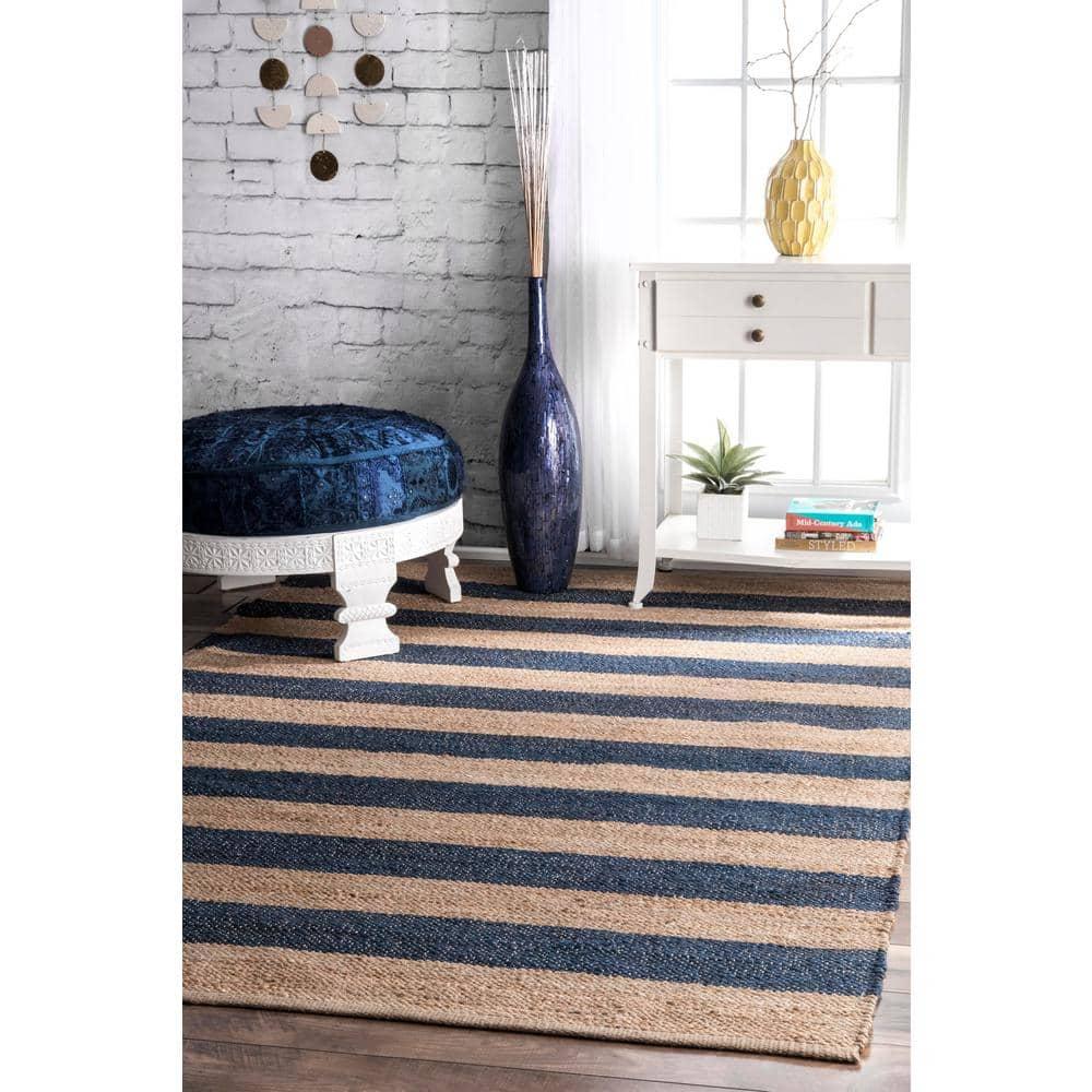 Nuloom Alisia Striped 4x6 Jute Indoor Area Rug for Dining Room Rug Neutral Rug Living Room Rug Kitchen, Denim/Tan