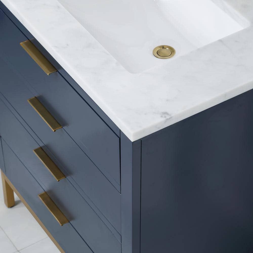 Bristol 30 in. W x 21.5 in. D Vanity in Monarch Blue with Marble Top in White with White Basin