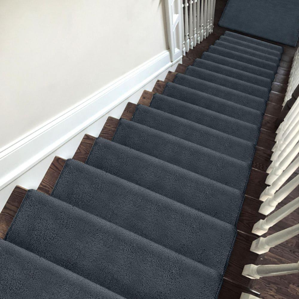 PURE ERA Non-Slip Ultra Plush Soft Bullnose Carpet Stair Treads Set of 14 Tape Free Washable Self Adhesive Dark Grey 9.5" x 30"x1.2"