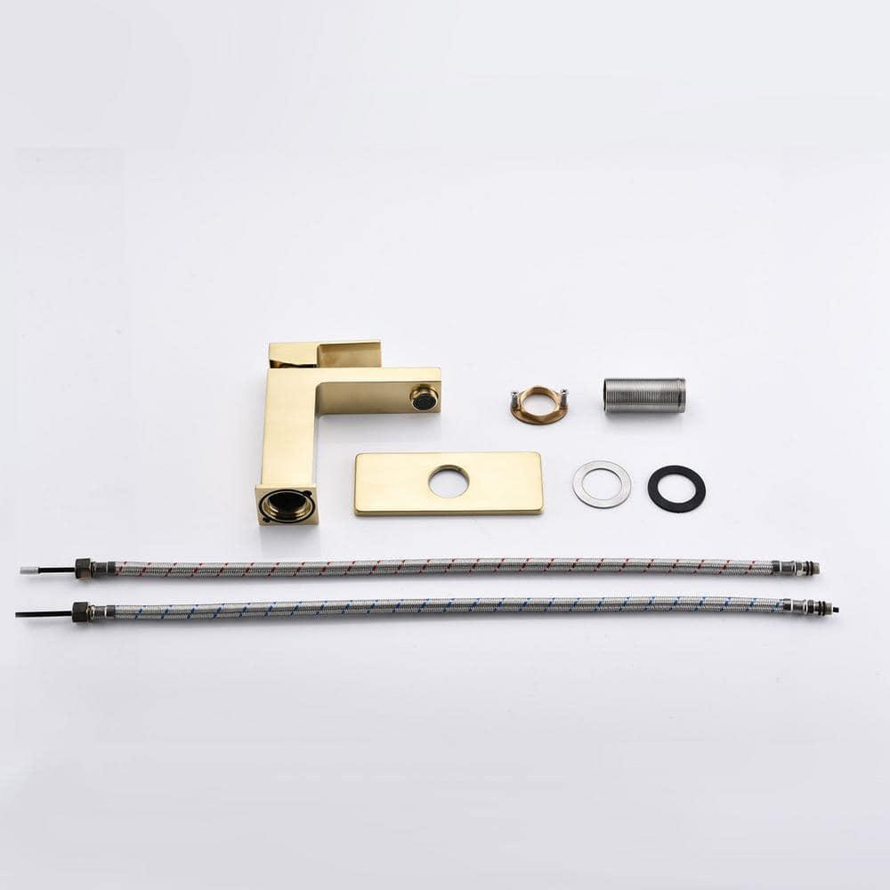 Brass Bathroom Sink Faucet Single Handle Lavatory Vanity Mixer Tap 1 Hole with Deck Plate, Metal Pop-up Drain Assembly & Water Supply Lines (Brushed Gold)