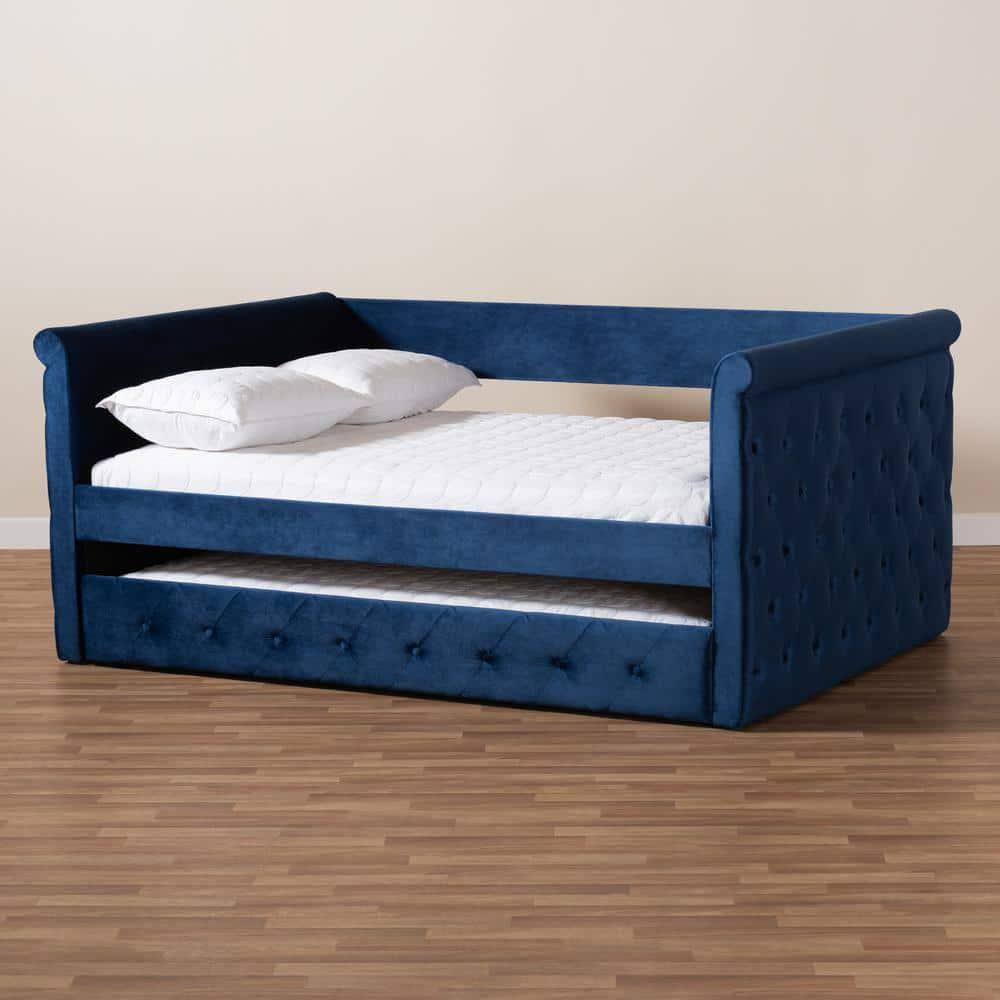 Baxton Studio Amaya Modern and Contemporary Navy Blue Velvet Fabric Upholstered Full Size Daybed with Trundle