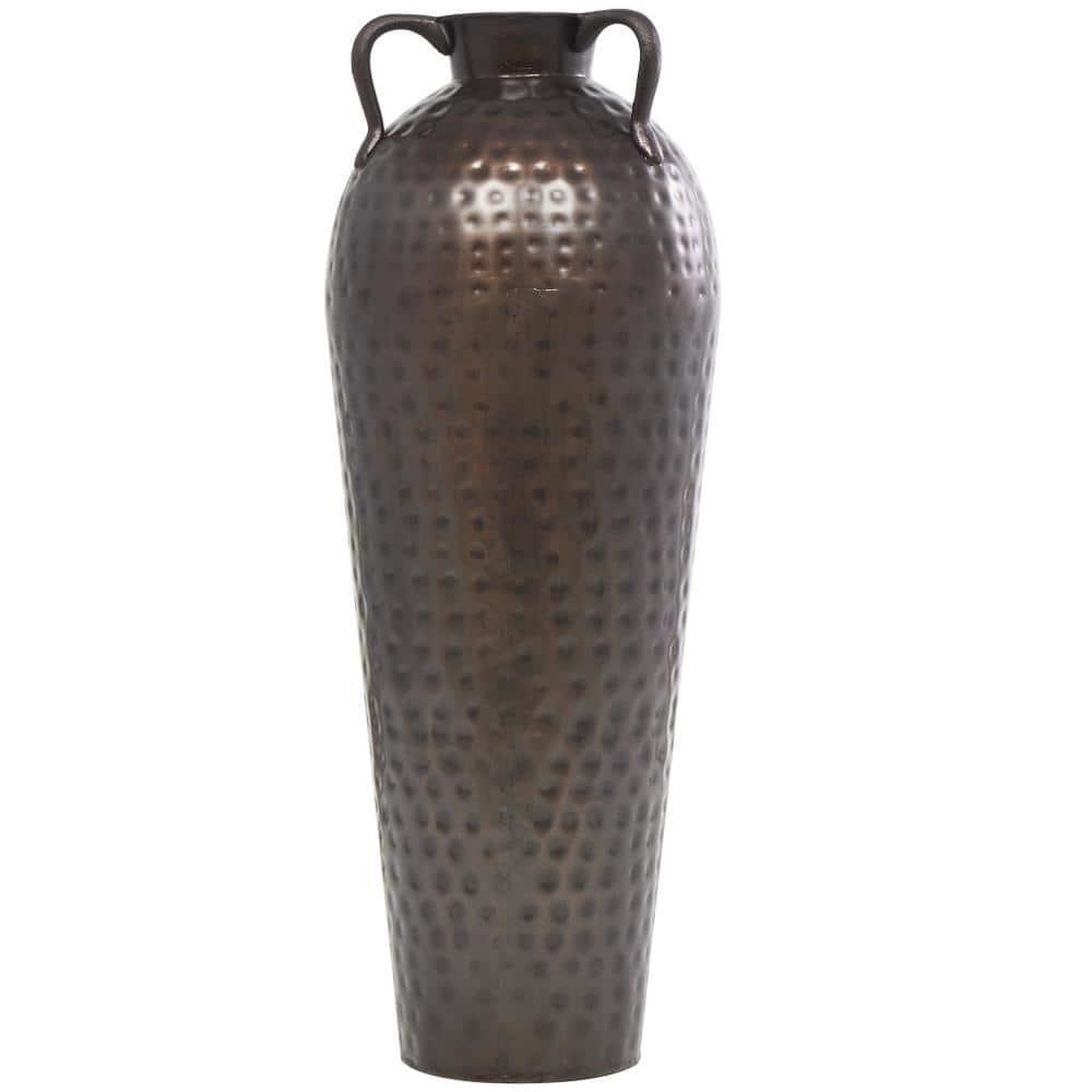 DecMode 28" Tall Floor Mediterranean Style Brown Metal Vase with Hammered Details and Handles