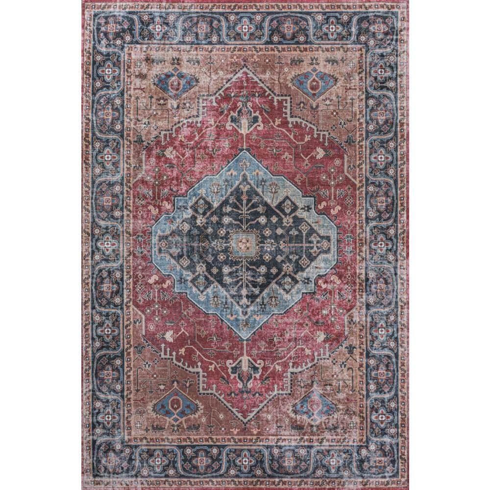 Alacati Ogee Medallion Machine-Washable Red/Blue/Brown 3 ft. x 5 ft. Area Rug - JONATHAN Y