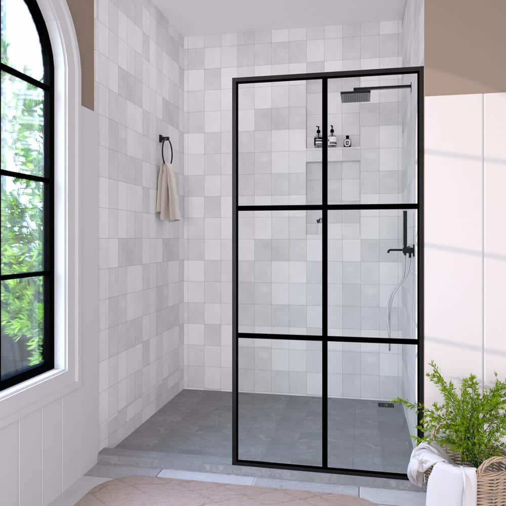 Hermitage Bath Hilma 34 In. W X 72 In. H Fixed Framed Shower Door In Matte Black Finish With Patterned Glass 1010A-HBMB