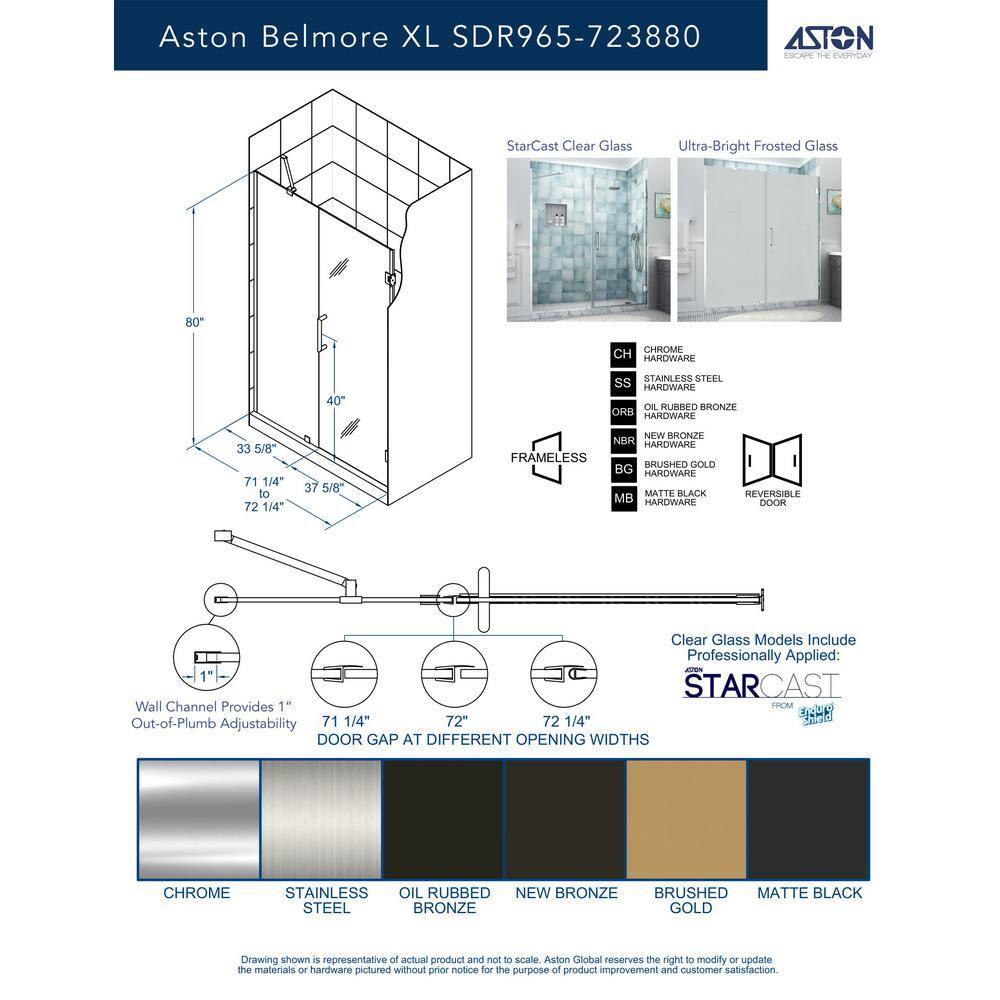 Aston Sdr965fruw-723880 Belmore Xl 80" High X 72" Wide Hinged Frameless Shower Door - Gold