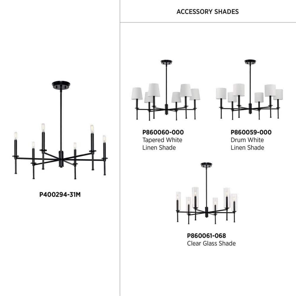 Progress Lighting Elara 6-Light Chandelier, Steel, Matte Black, Clear Glass Shades