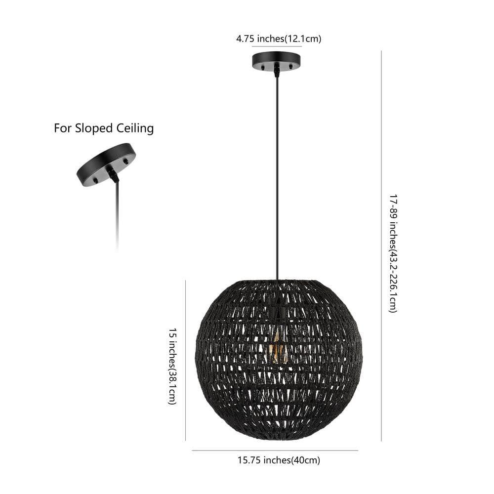 Luna 15.75" 1-Light Bohemian Modern Woven Rattan/Iron LED Pendant, Black