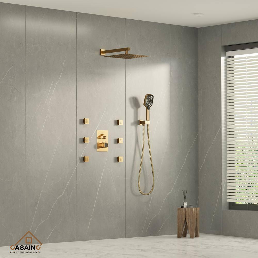 Revitalize 3-Function 12 Inch Wall Mount Rainfall Thermostatic Shower System with 6 Body Jets