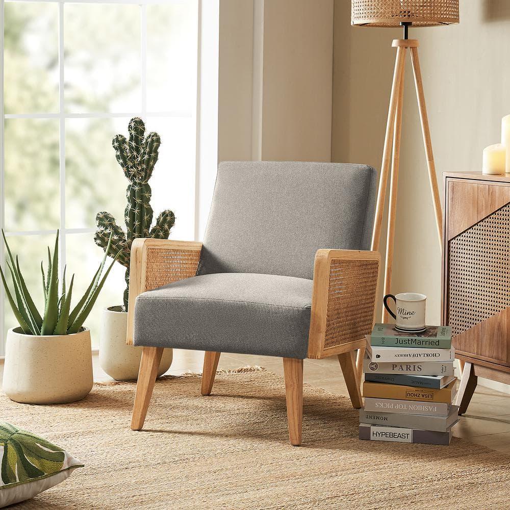 Farmhouse Accent Chair Rattan Armrests Fabric Upholstered Wooden Reading Armchair Living Bedroom Pewter